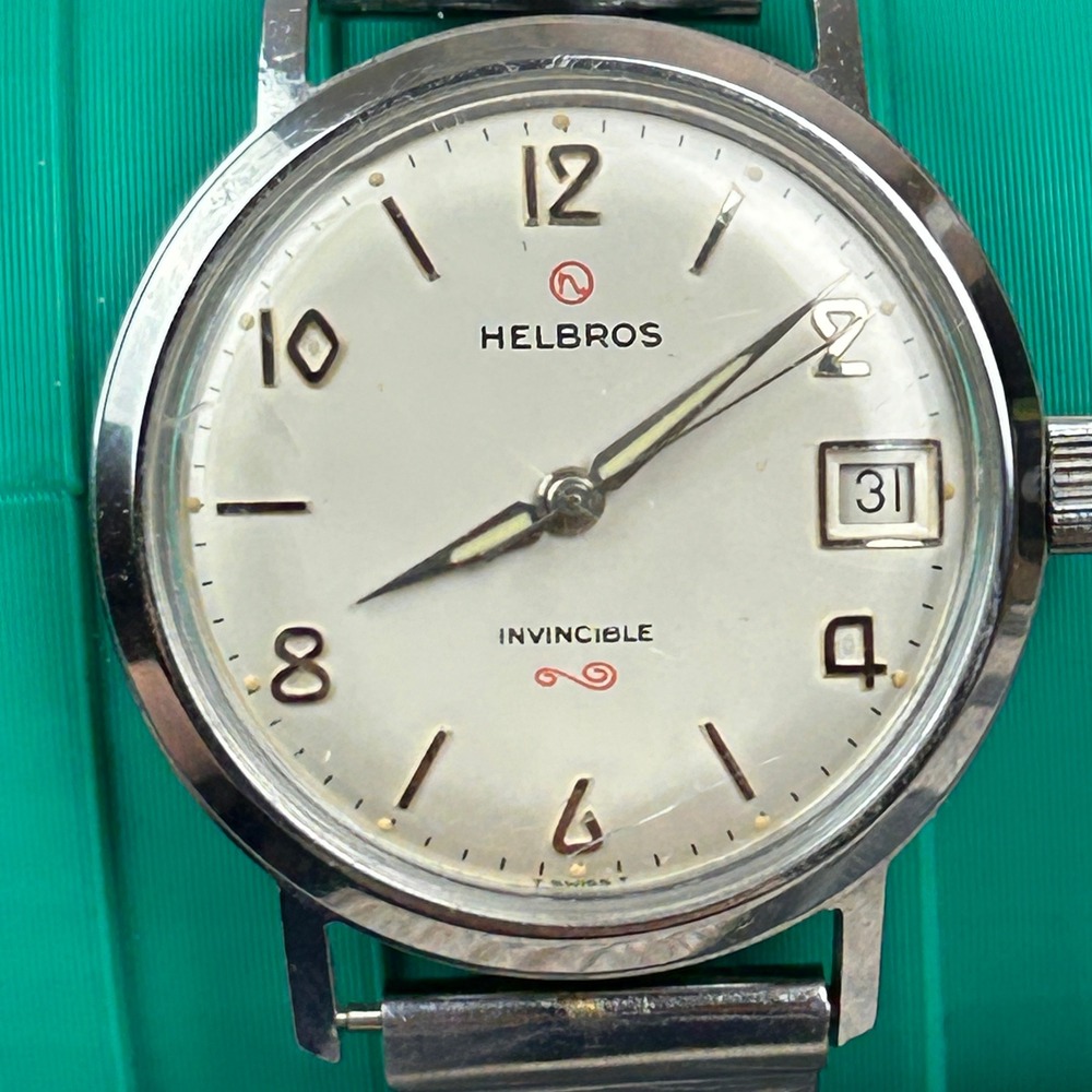 Vintage Helbros Invincible Watch Silver‎ Tone Date Manual Wind Swiss Made 34mm
